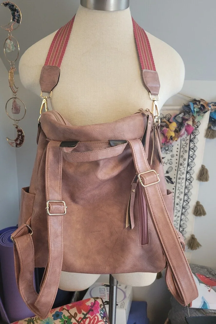 Woven Strap Faux Leather Backpack - Rose Brown